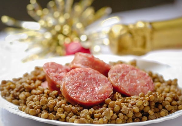 Cotechino e lenticchie (sausage and lentils) is a common New Year’s meal in Italy